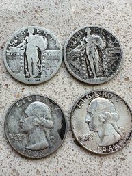2 (Two) Walking Liberty Silver Quarters & 2 (Two) Washington Silver Quarters - 50