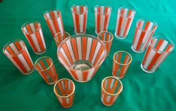 DR#179 Lot Of 15 Mid Century Modern Libby Circus Orange Stripe Glasses & Ice Bucket