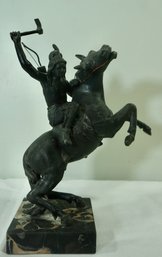 14- Native American Statue- White Metal On Marble- 11.5 T X 9