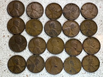 20 (Twenty) Lincoln Wheat 1920s One Cent Coins - 22