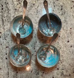 4 Monogrammed Sterling Silver Salt Cellars With Sterling Silver Spoons - S3