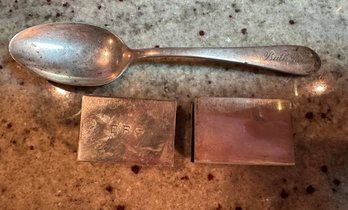 2 Sterling Silver Matchbook Covers And Gorham Sterling Silver Spoon Monogrammed Bath Room - S5