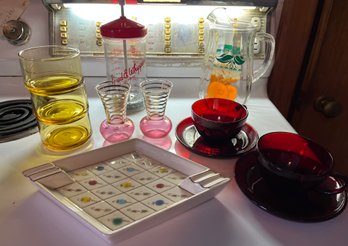 Miscellaneous Kitchen 12 Pc Lot  - Includes Red Cranberry Glass Cups And Great  Ash Tray - K26