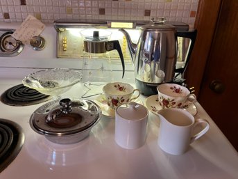 10 Piece Kitchen Lot To Include GE Percolator, Candy Dish, Two China Tea Cups With Saucers - K28
