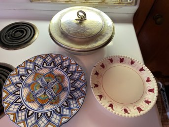 Divided Pyrex Serving Dish With Covered Server By Buenilum And Two Decorative Plates - K29