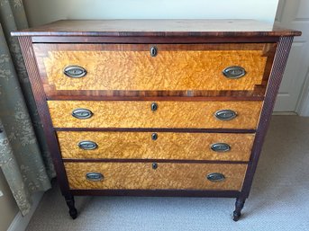 Birds Eye Maple Draw Front Chest, American Hepplewhite Probably Cherry Wood Circa 1810-1840 - MB1