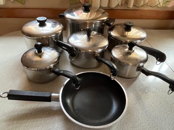 Assorted Pots - 3 Copper Bottom Revere Ware / 3 Faber Ware Plus Covers - K34