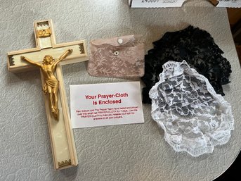 Cross, Prayer Cloth And Two Vintage Head Covers - K37