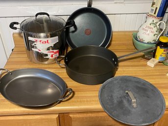 4 Cooking Pots And Pans- Some Are New T Fal, De Buyer, Commercial