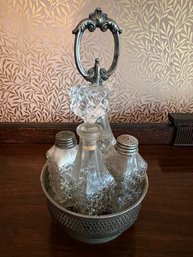 Antique Oil And Vinegar, Salt And Pepper In Silver Plate Caddy - D9