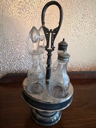 Antique Large Oil And Vinegar Cruets With Salt & Pepper In Silver Plate Caddy - D10