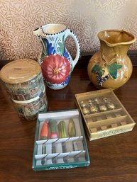 Lot Of Five: 2 Pitchers, Spreaders And Candle - D12