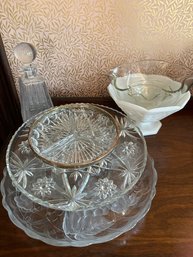 7 Piece Lot: Milk Glass, Decanter, Chip & Dip Set, Etc. D15
