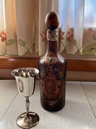 Vintage Leather Wine Bottle And Silver Plate Boston High Chalise-k121