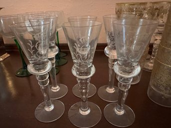 6 Antique King Gustav III Matching Etched Stemmed Glasses - 106