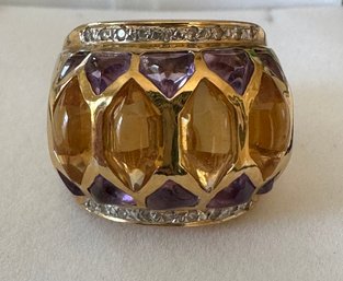 18k 750 Yellow Gold Diamond & Gem Wide Band Ring - 3