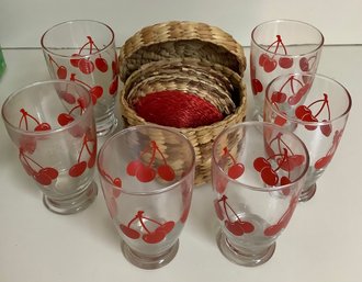 6 Retro Libbey Cherry Juice Glasses With Straw Coasters - K