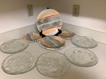 4 Pier One Striped Plates And 4 Sea Shell Clear Glass Plates - K