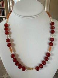 14k Yellow Gold Clasp With Pearls & Natural Stone Polished Beads Necklace  - 14