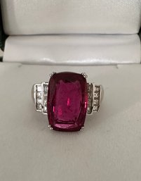 18k White Gold Large Step Cut Tourmaline Gemstone Ring Flanked With Diamonds  - 17