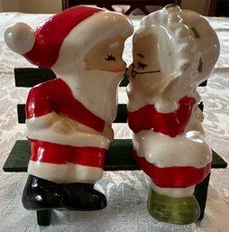 Vintage Lefton Kissing Santa And Mrs Claus On Green Wooden Bench - 5