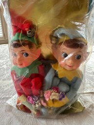 NEW In Package Vintage Woolworth Pixie Knee Hugging Vinyl Head Dolls / Elves - 6