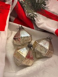 3 Vintage Mercury Glass Hexagon Silver Christmas Ornaments - 24