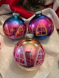 3 Vintage Shiny Brite Christmas Church Window Glass Ornaments - 29