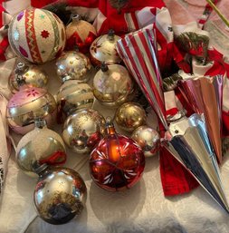 Assorted Vintage Glass Ornaments And 3 Cone Shaped Tin Treat Cups - 33