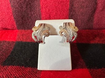 14k Tri Gold, Diamond & Sapphire French Post Earrings - 15