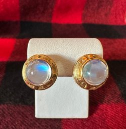18k Yellow Gold Moonstone Cabochon Stud French Post Earrings By Designer Patty Bolz From ME - 58