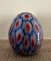 Handcrafted Millefiori Art Glass Egg Paperweight In Red, White & Blue - 4