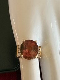 14k Yellow Gold Large Peachy Pink Brown Citrine & Diamond Ring - 14
