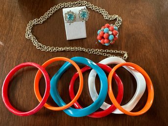 Summer Coordinating Costume Jewelry: Screw On Rhinestone Earrings, Long Pendant & Plastic Bangle Bracelets -21