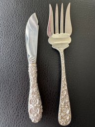 Sterling Silver Stieff Repousse Cold Meat Fork And Butterknife - JD4