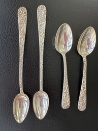 Sterling Silver S. Kirk & Sons Repousse 2 Tall Iced Tea Spoons And 2 Tea Spoons - JD4d