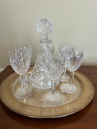 Six Waterford Goblets And Waterford Decanter Plus Reed And Barton Silver Tray - D4