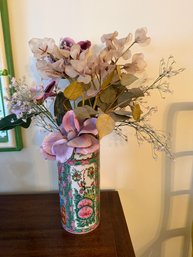 Chinese Rose Medallion Porcelain Vase With Loose Lavender Artificial Flowers - 1