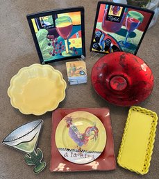 Red And Yellow Lot With 2 Hanging Wine Ceramic Plaques, Serving Pieces And Trivets - K57