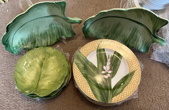 222 Fifth Avenue Brand 7 Lilly Of The Valley Plates, 6 Italian Coordinating Plates And 2 Lg Leaf Servers - K58