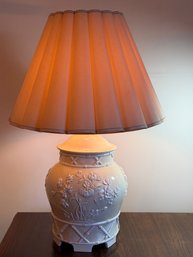 Large Decorative Creme Colored Ginger Jar Lamp With Bamboo / Floral Details & Hard Shade - 10