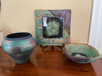 Dramatic Three Piece Turquoise Colored Pottery Collection - D26