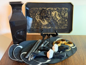 Black And Gold Kakahasi Japan Footed Tray Plus 4 Place Mats, Two Vera Shell Holders W/napkin And More - 12