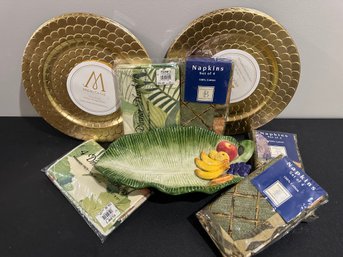 8 Gold Chargers Napkins And Serving Dish All New - X2