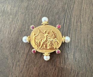 Tagliamonte Italy 18k Yellow Gold, Ruby & Pearl Pendant Brooch- 1