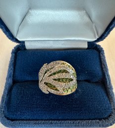 14k Yellow Gold And Emeralds With Diamond Leaf Design Overlay Large Ring - 22