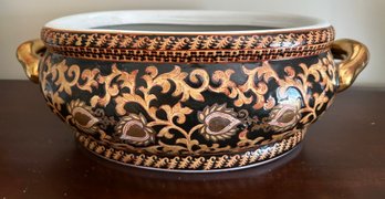 Large Oval Asian Black And Gold Koi Pot - B8