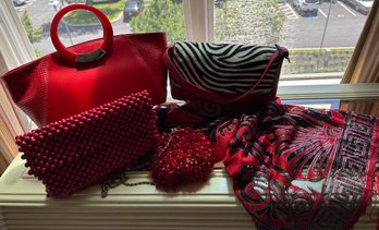 Burnout Velvet Scarf/top By Kimono Ltd. With Vintage Wood Beaded Clutch, Lord And Taylor Zibra Bag  - B25