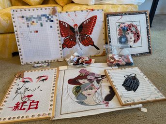 Six Unfinished Needle Point Works Of Art -  Five Are On Stretching Frames - 30