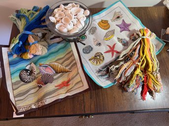 Two New Holly Hock Needle Point Shell Themed Canvas Kits Includes Threads With A Full Bowl Of Shells -